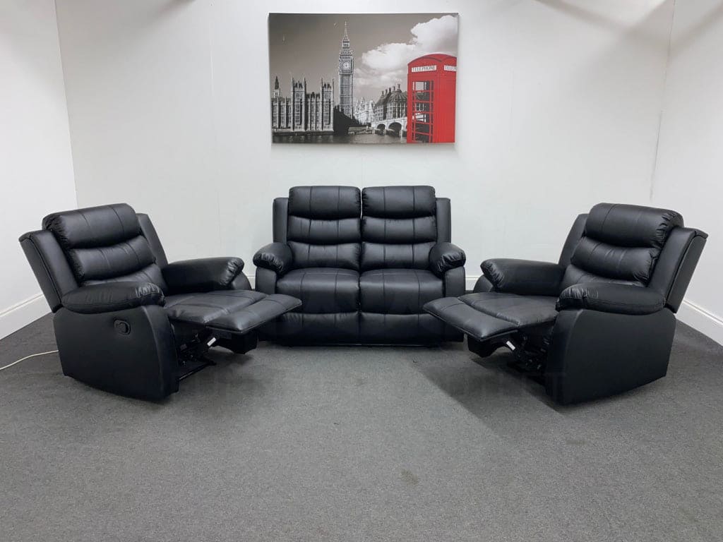 Landos Black Leather Reclining 2 + 1 Sofa Set Sofas