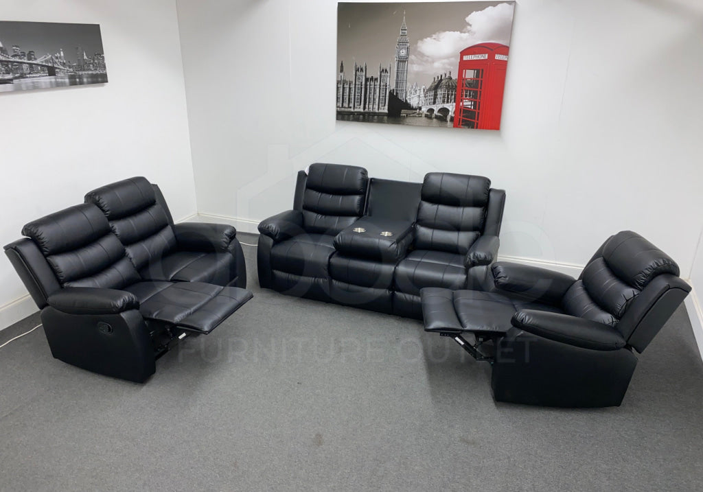 Landos Black Leather Reclining 3 Seater + 2 1 Armchair Sofa Set Sofas