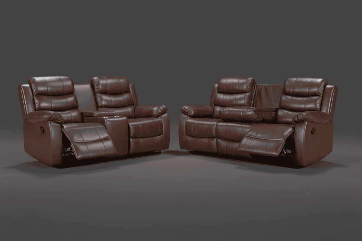 Lando Brown Leather 3 + 2 Seater With Drinks Console Manual Recliner Sofa Suite
