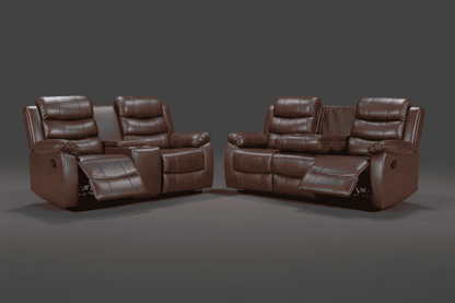 Lando Brown Leather 3 + 2 Seater With Drinks Console Manual Recliner Sofa Suite