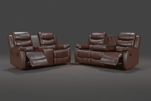 Lando Brown Leather 3 + 2 Seater With Drinks Console Manual Recliner Sofa Suite