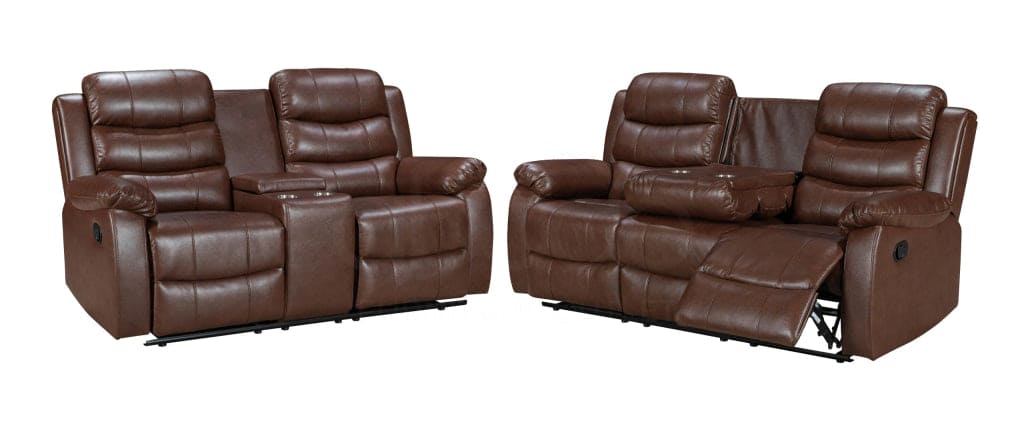 Landos Brown Leather 3 + 2 Seater With Drinks Console Manual Recliner Sofa Suite Sofas