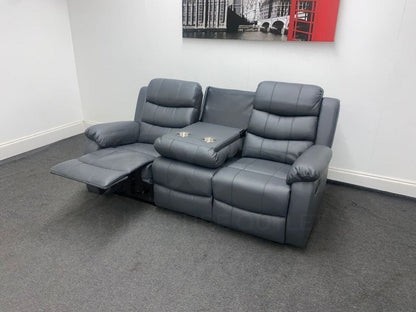 Landos Recliner Grey Leather 3 Seater Sofa - Drinks Tray Table Sofas