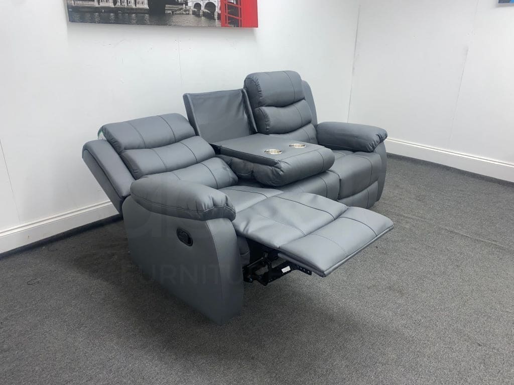 Landos Recliner Grey Leather 3 Seater Sofa - Drinks Tray Table Sofas