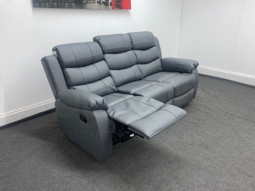 Landos Recliner Grey Leather 3 Seater Sofa - Drinks Tray Table Sofas