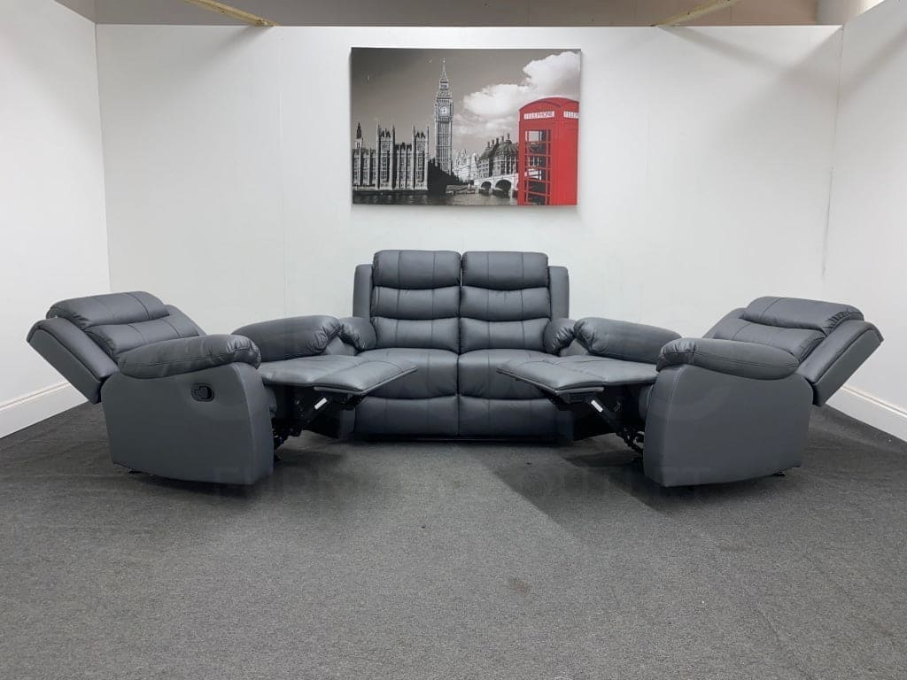Lando Grey Leather Reclining Seater Armchairs Sofa Set