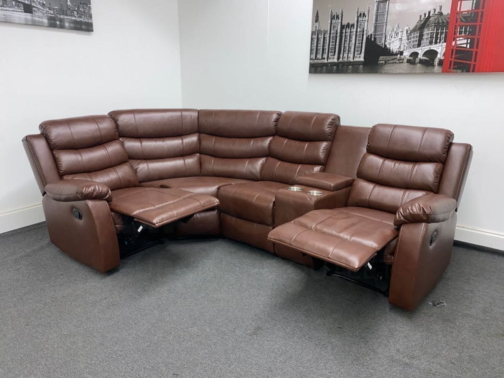 Landos Lhf Modular Recliner 4 Seat Brown Leather Corner Sofa With Drinks Console Sofas