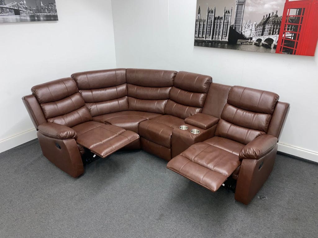 Landos Lhf Modular Recliner 4 Seat Brown Leather Corner Sofa With Drinks Console Sofas