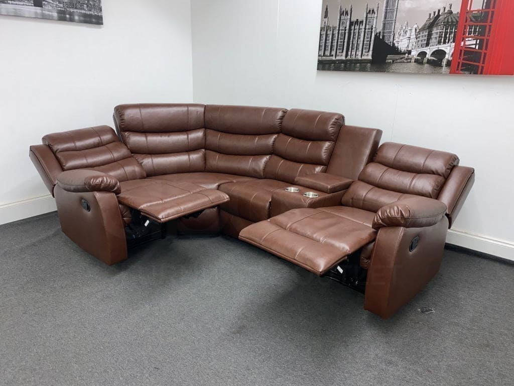 Landos Lhf Modular Recliner 4 Seat Brown Leather Corner Sofa With Drinks Console Sofas