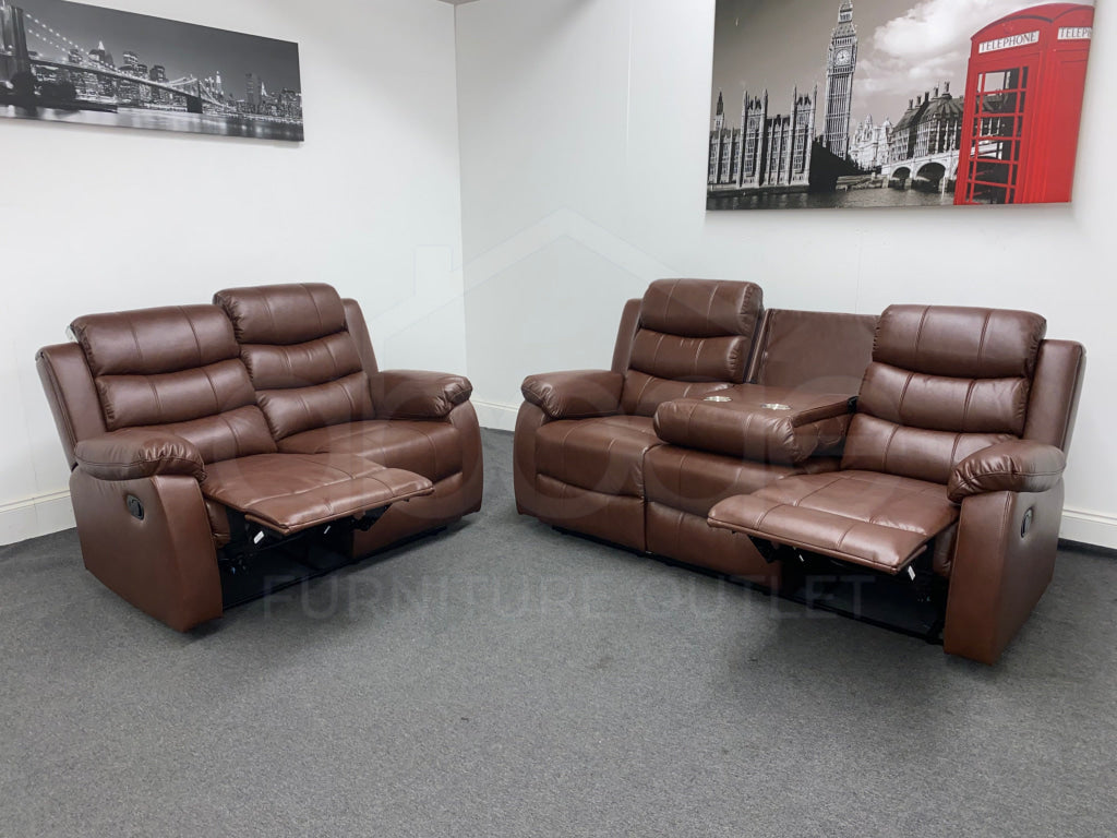 Landos Manual Recliner Brown Leather 3 + 2 Seater Sofa Set | Drinks Tray Table Sofas