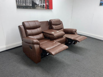 Landos Manual Recliner Brown Leather 3 Seater Sofa - Drinks Tray Table Sofas