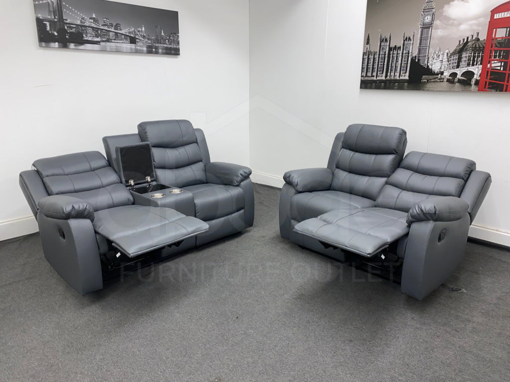 Landos Manual Recliner Grey Leather 2 + 2 Seater With Console Dfs Sofa Set Sofas