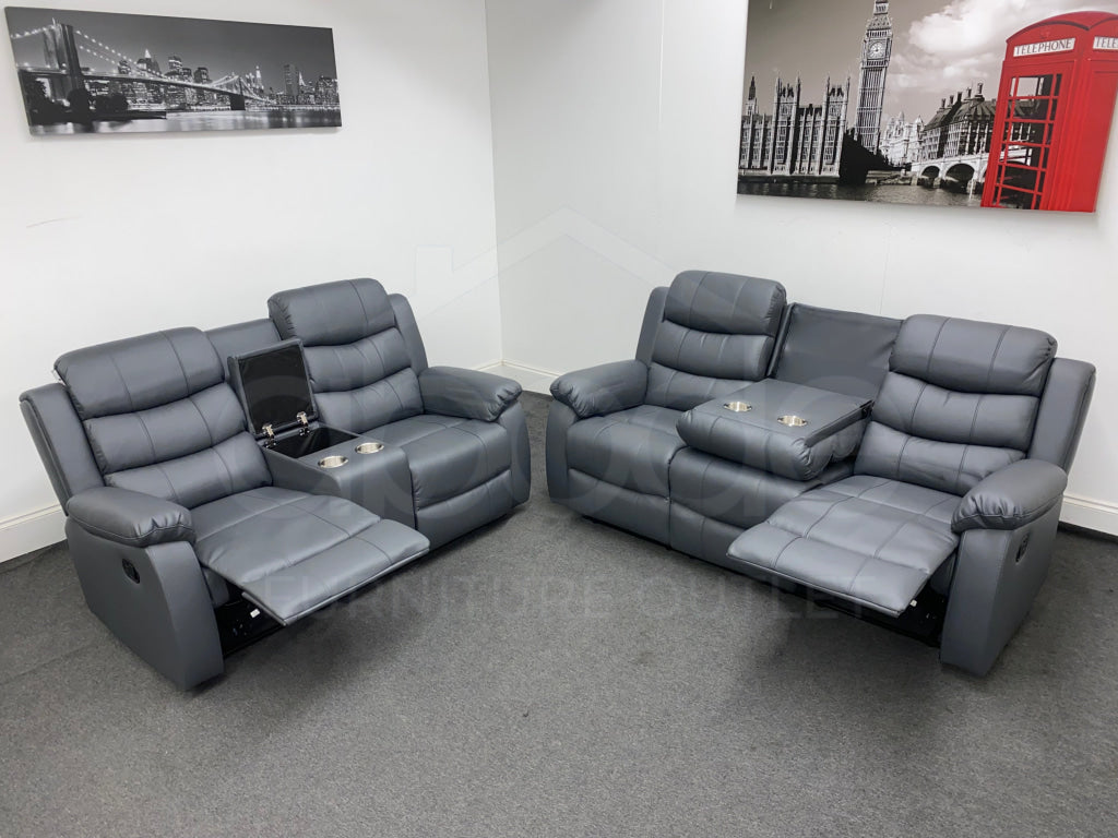 Landos Manual Recliner Grey Leather 3 + 2 Seater With Console Dfs Sofa Set Sofas