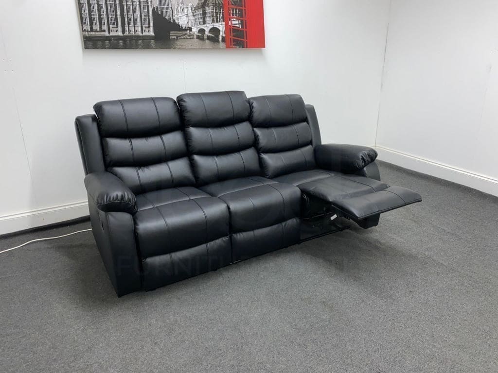 Lando Recliner Black Leather Seater Sofa With Drinks Tray Table