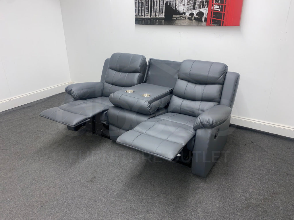 Landos Recliner Grey Leather 3 Seater Sofa - Drinks Tray Table Sofas