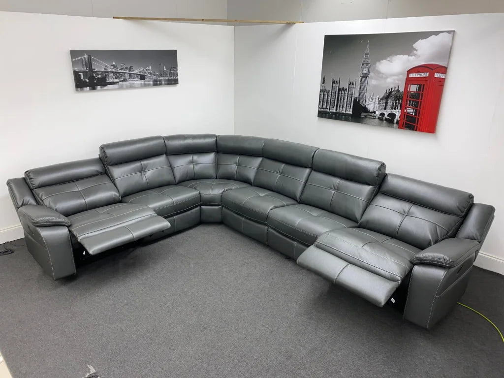 Parker Grey Leather Electric Recliner  Corner Sofa - Thick Leather & USB Charging Ports