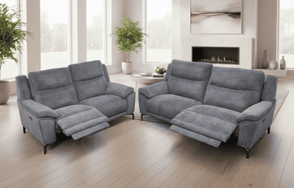 DFS STOWEN - Charcoal Grey Fabric Electric / Power Reclining 3 Seater + 2 Seater Sofa Suite Set | USB Ports | Space Saving Recliner
