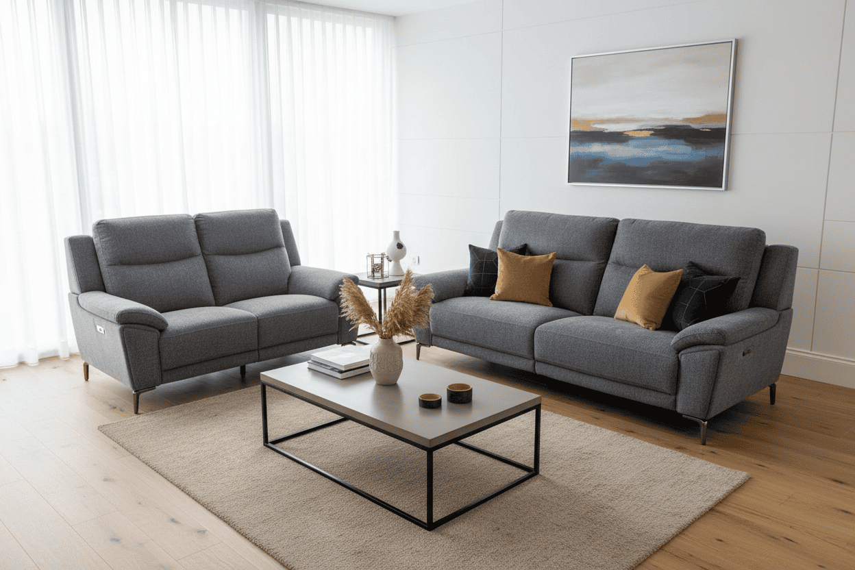 DFS STOWEN - Charcoal Grey Fabric Electric / Power Reclining 3 Seater + 2 Seater Sofa Suite Set | USB Ports | Space Saving Recliner