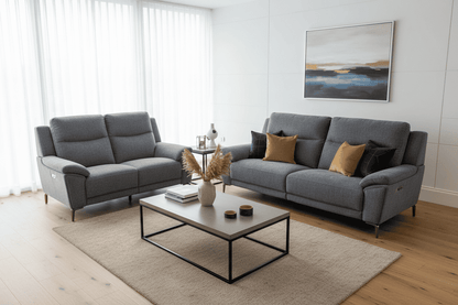 DFS STOWEN - Charcoal Grey Fabric Electric / Power Reclining 3 Seater + 2 Seater Sofa Suite Set | USB Ports | Space Saving Recliner