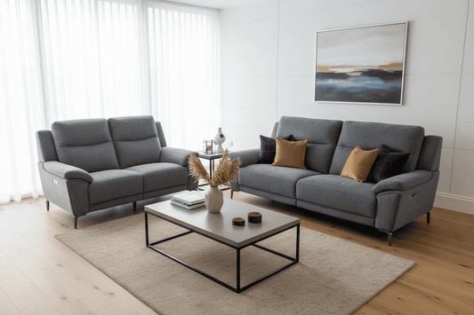 DFS STOWEN - Charcoal Grey Fabric Electric / Power Reclining 3 Seater + 2 Seater Sofa Suite Set | USB Ports | Space Saving Recliner