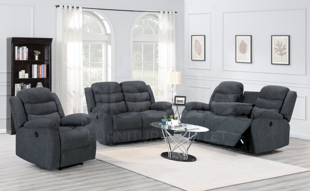 ’Lawson’ Electric / Power Reclining Charcoal Grey Fabric Sofa Set - Usb Charging & Drinks Tray Table