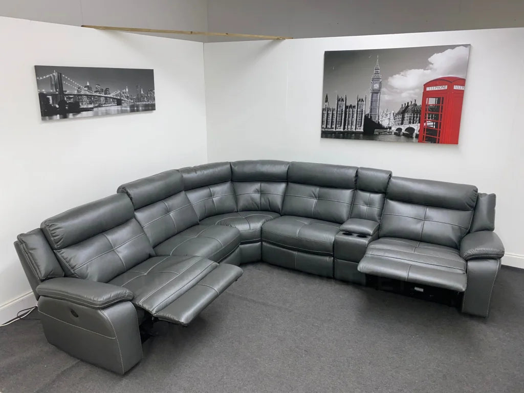 Limited Time Offer! Parker Electric Recliner Grey Leather Corner Sofa With Console Sofas