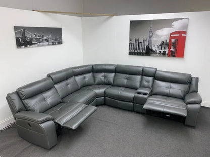 Limited Time Offer! Parker Electric Recliner Grey Leather Corner Sofa With Console Sofas