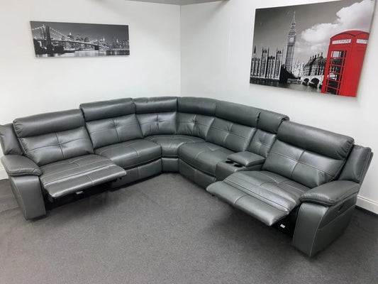 Limited Time Offer! Parker Electric Recliner Grey Leather Corner Sofa With Console Sofas