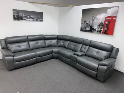 Limited Time Offer! Parker Electric Recliner Grey Leather Corner Sofa With Console Sofas
