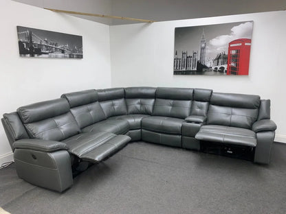 Limited Time Offer! Parker Electric Recliner Grey Leather Corner Sofa With Console Sofas