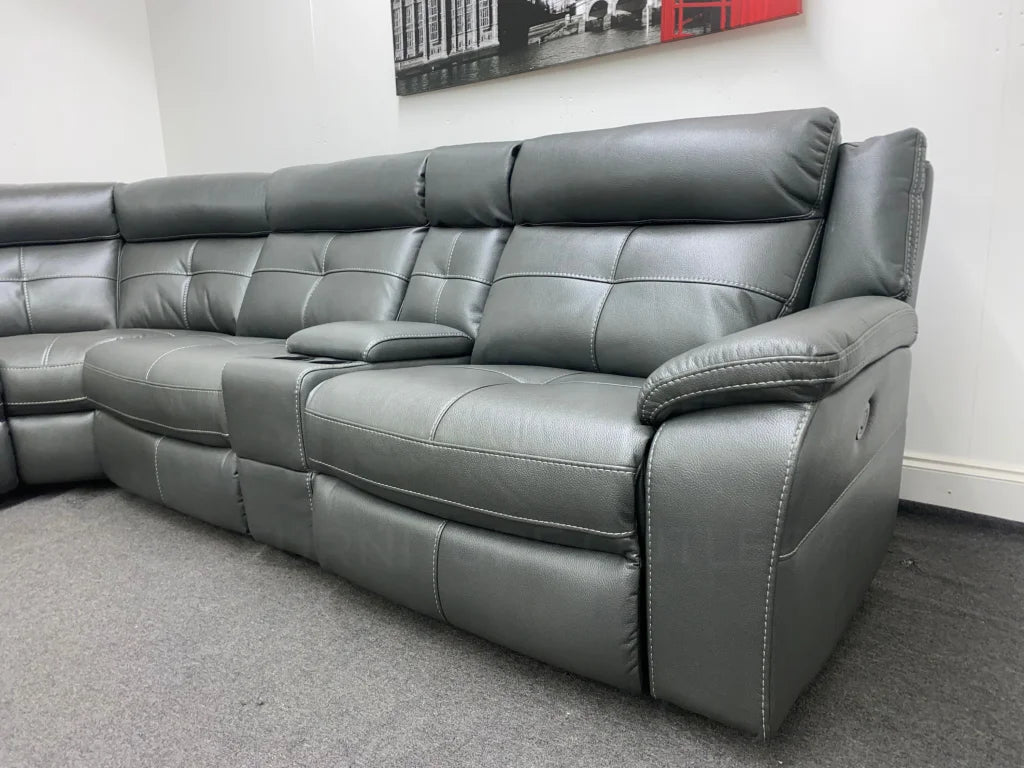 Limited Time Offer! Parker Electric Recliner Grey Leather Corner Sofa With Console Sofas