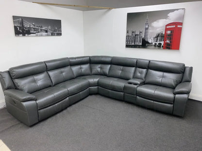 Limited Time Offer! Parker Electric Recliner Grey Leather Corner Sofa With Console Sofas