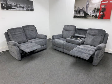 Electric / Power Reclining Charcoal Grey Fabric Sofa Set - Usb Charging & Drinks Tray Table Sofas