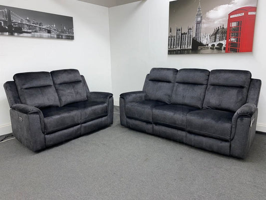 Orwell - Compact Charcoal Grey Velvet Electric / Power Reclining 3 Seater + 2 Sofa Set Usb Charging