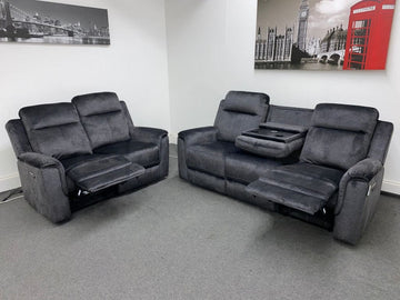 Orwell - Compact Charcoal Grey Velvet Electric / Power Reclining 3 Seater + 2 Sofa Set Usb Charging