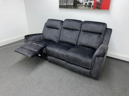 Orwell - Compact Charcoal Grey Velvet Electric / Power Reclining 3 Seater Usb Charging & Drinks