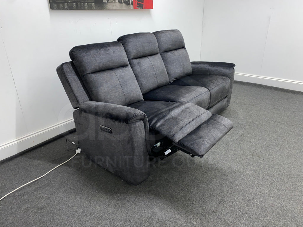 Orwell - Compact Charcoal Grey Velvet Electric / Power Reclining 3 Seater Usb Charging & Drinks