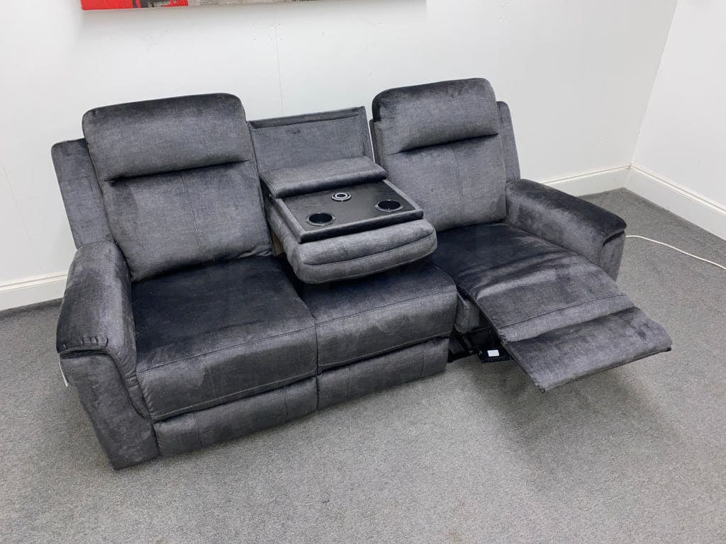 Orwell - Compact Charcoal Grey Velvet Electric / Power Reclining 3 Seater Usb Charging & Drinks