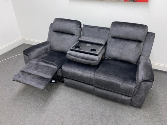 Orwell - Compact Charcoal Grey Velvet Electric / Power Reclining 3 Seater Usb Charging & Drinks