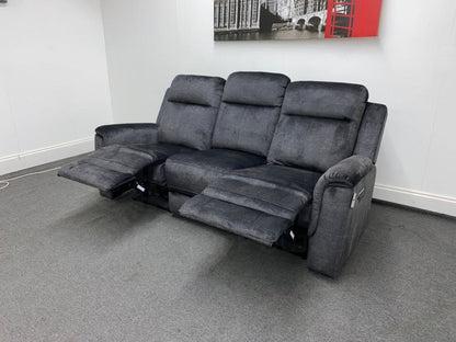 Orwell - Compact Charcoal Grey Velvet Electric / Power Reclining 3 Seater Usb Charging & Drinks