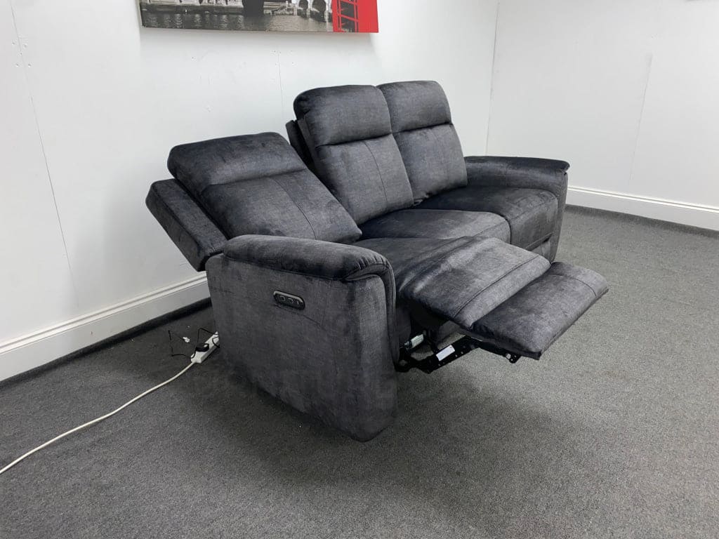 Orwell - Compact Charcoal Grey Velvet Electric / Power Reclining 3 Seater Usb Charging & Drinks