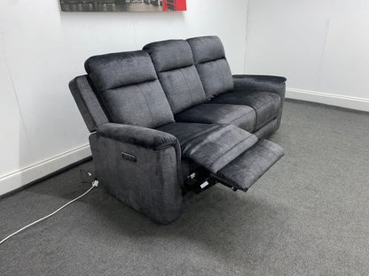 Orwell - Compact Charcoal Grey Velvet Electric / Power Reclining 3 Seater Usb Charging & Drinks