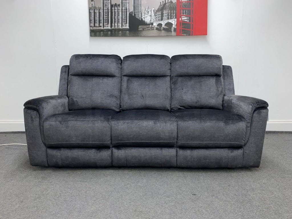 Orwell - Compact Charcoal Grey Velvet Electric / Power Reclining 3 Seater Usb Charging & Drinks