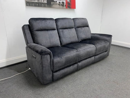 Orwell - Compact Charcoal Grey Velvet Electric / Power Reclining 3 Seater Usb Charging & Drinks