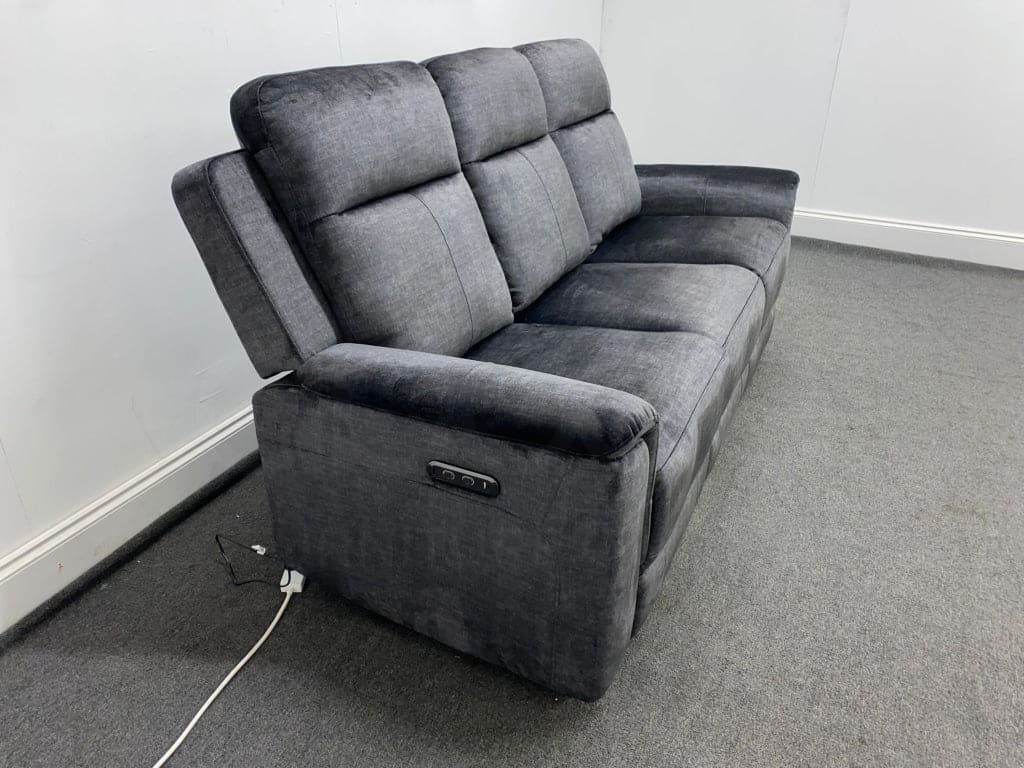 Orwell - Compact Charcoal Grey Velvet Electric / Power Reclining 3 Seater Usb Charging & Drinks