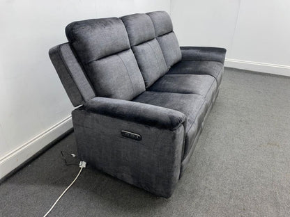Orwell - Compact Charcoal Grey Velvet Electric / Power Reclining 3 Seater Usb Charging & Drinks