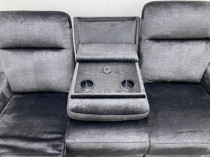 Orwell - Compact Charcoal Grey Velvet Electric / Power Reclining 3 Seater Usb Charging & Drinks