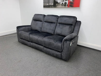 Orwell - Compact Charcoal Grey Velvet Electric / Power Reclining 3 Seater Usb Charging & Drinks