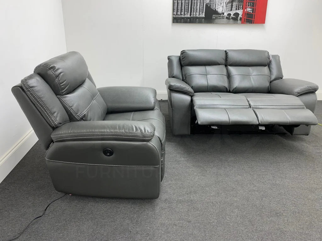 Parker Electric Recliner Grey Leather 2 Seater Sofa + Chair Set Sofas
