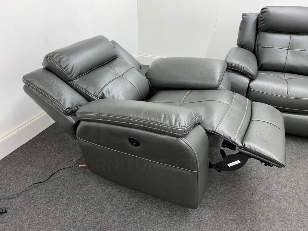 Parker Electric Recliner Grey Leather 2 Seater Sofa + Chair Set Sofas